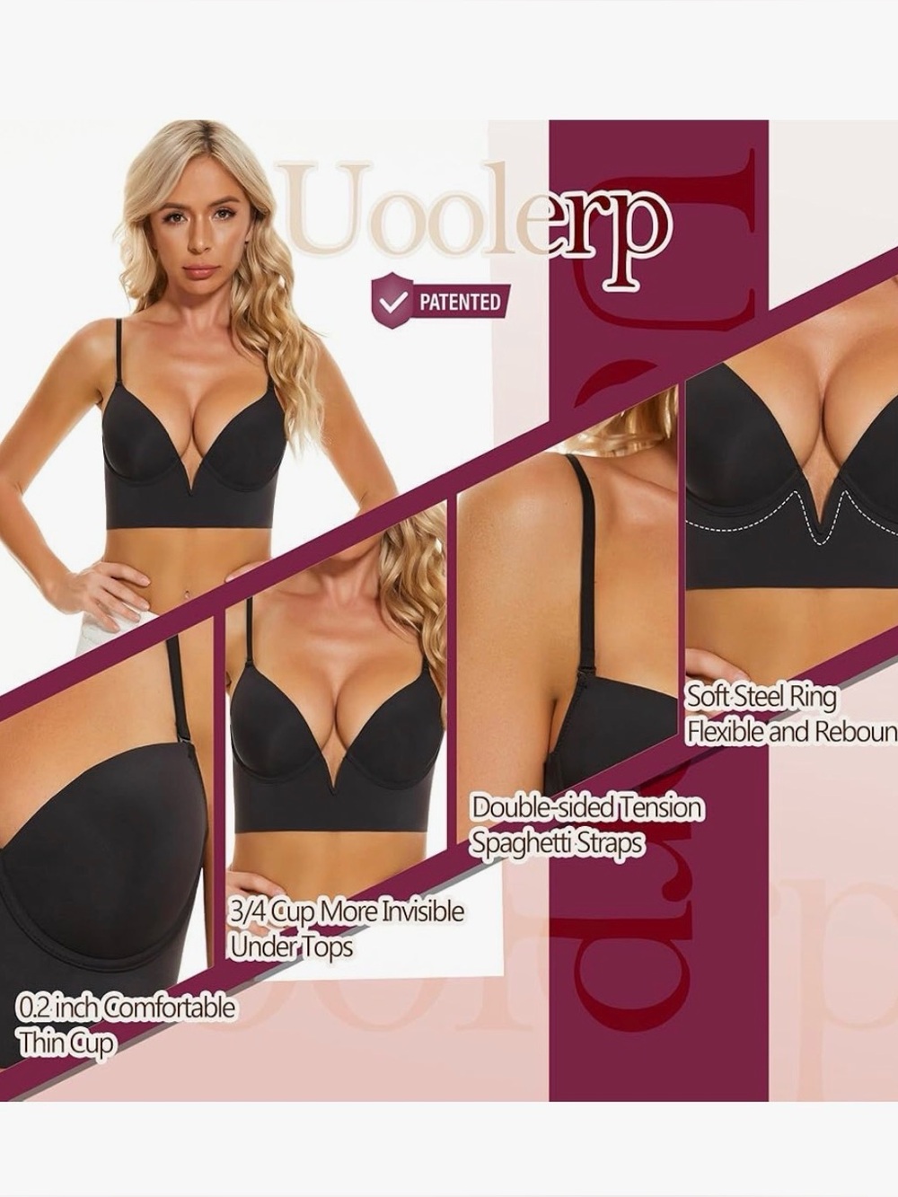 NWT Uoolerp Adjustable Low Back Bra -Black 38D - Picture 2 of 7
